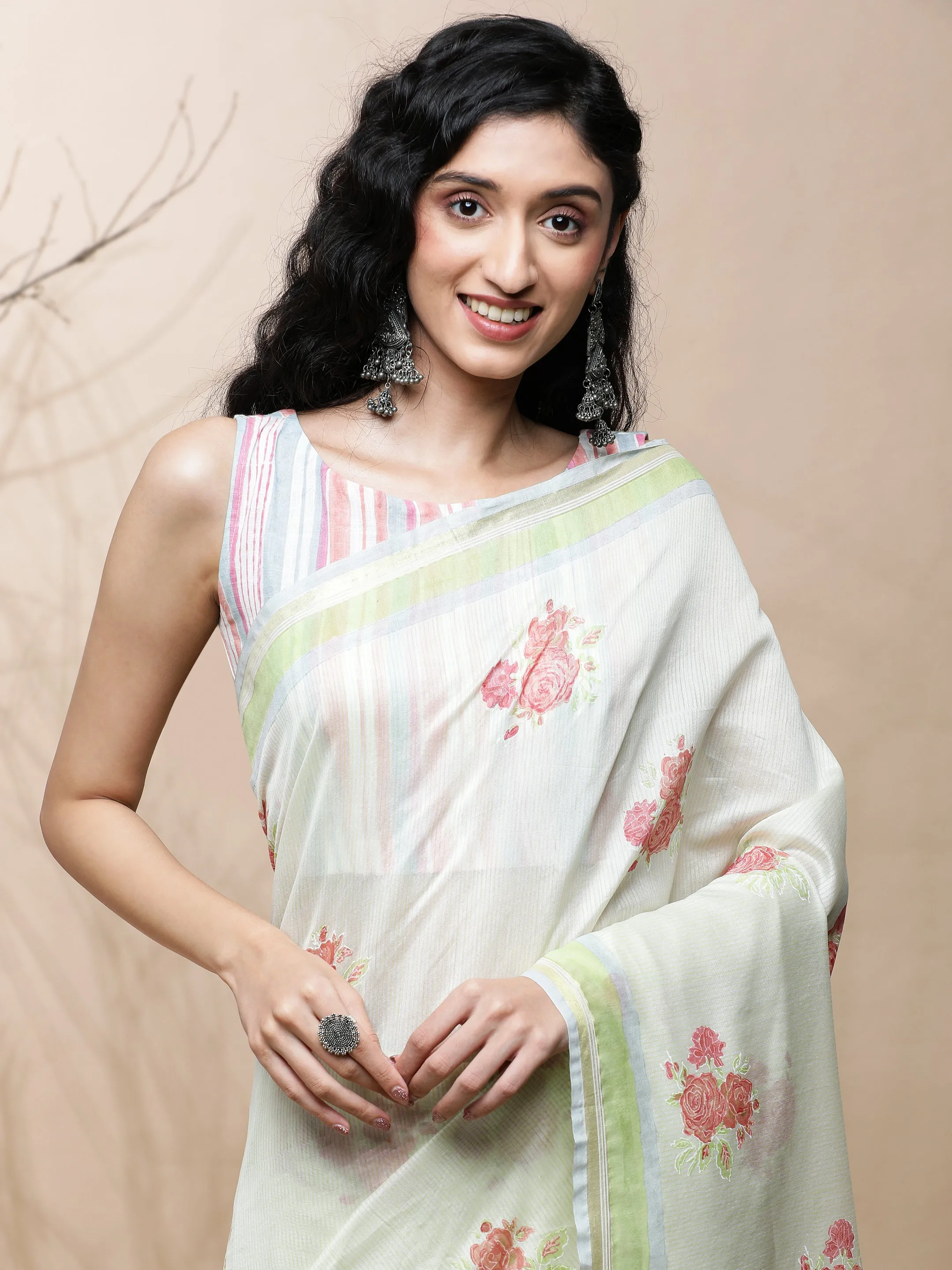 Gulab Chanderi Green Stripes On White Silk Saree
