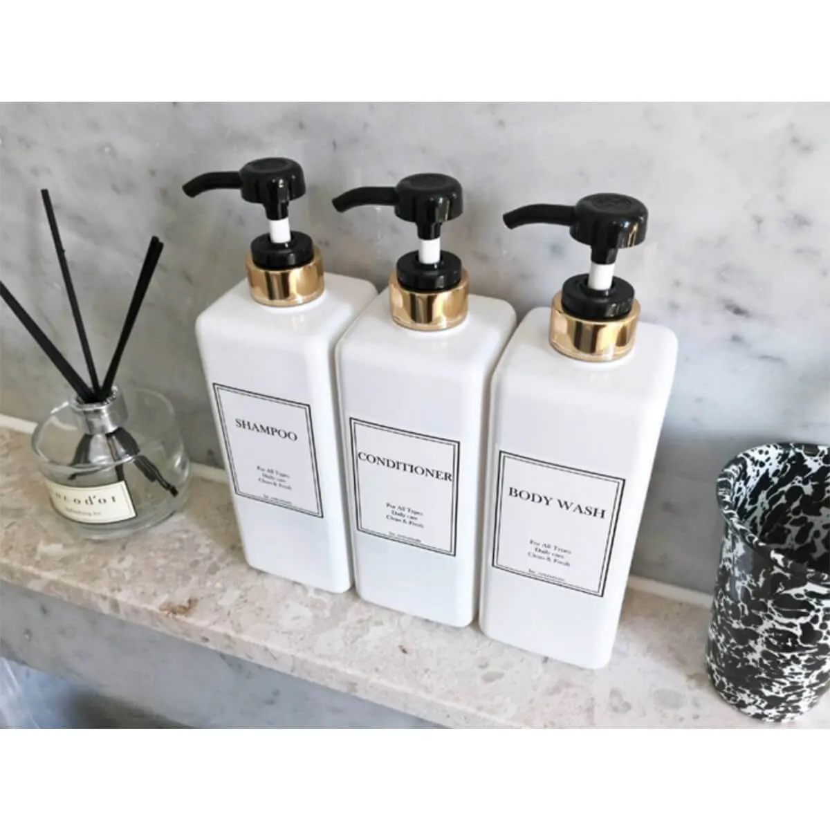 HARRA HOME Modern Gold Design Shower Dispenser Sets, 27 oz Refillable Bottles With Pumps, Pack of 3