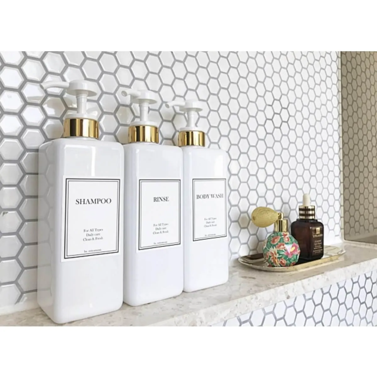 HARRA HOME Modern Gold Design Shower Dispenser Sets, 27 oz Refillable Bottles With Pumps, Pack of 3