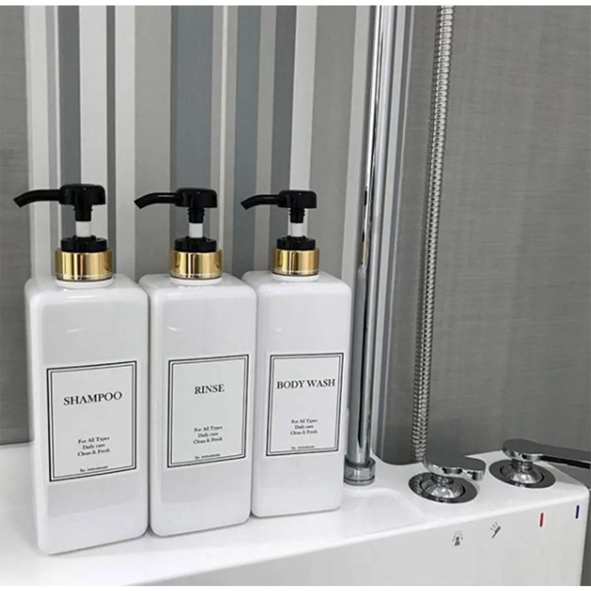 HARRA HOME Modern Gold Design Shower Dispenser Sets, 27 oz Refillable Bottles With Pumps, Pack of 3