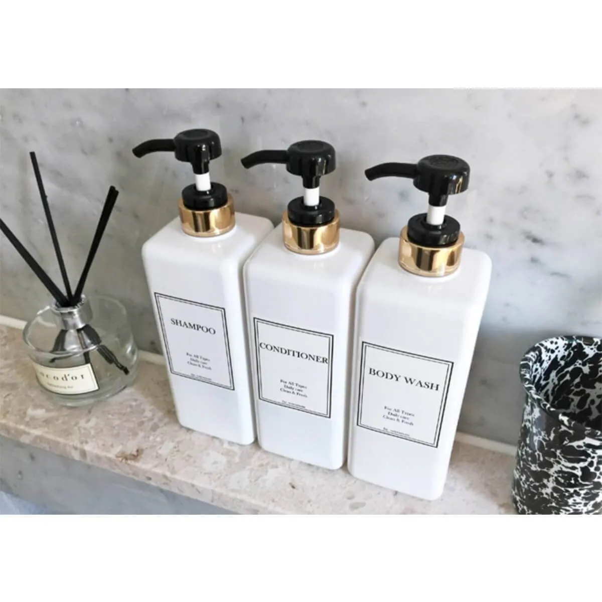 HARRA HOME Modern Gold Design Shower Dispenser Sets, 27 oz Refillable Bottles With Pumps, Pack of 3