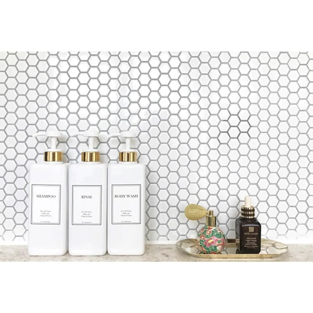 HARRA HOME Modern Gold Design Shower Dispenser Sets, 27 oz Refillable Bottles With Pumps, Pack of 3