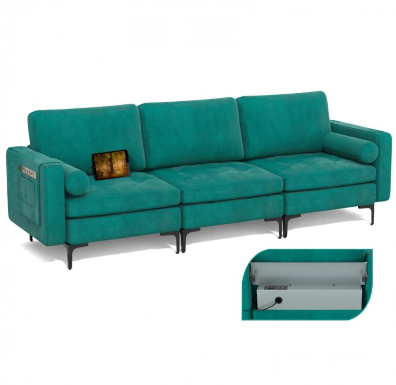 Heavy Duty Elegant & Modern Very Comfortable 3-Seater Sofa Couch With USB Socket Ports, Side Storage Pocket | Beautiful Armrest | Side Bolsters | Thick Cushions