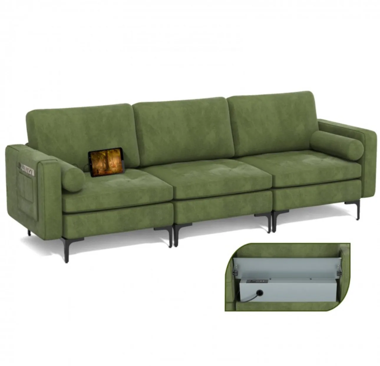 Heavy Duty Elegant & Modern Very Comfortable 3-Seater Sofa Couch With USB Socket Ports, Side Storage Pocket | Beautiful Armrest | Side Bolsters | Thick Cushions