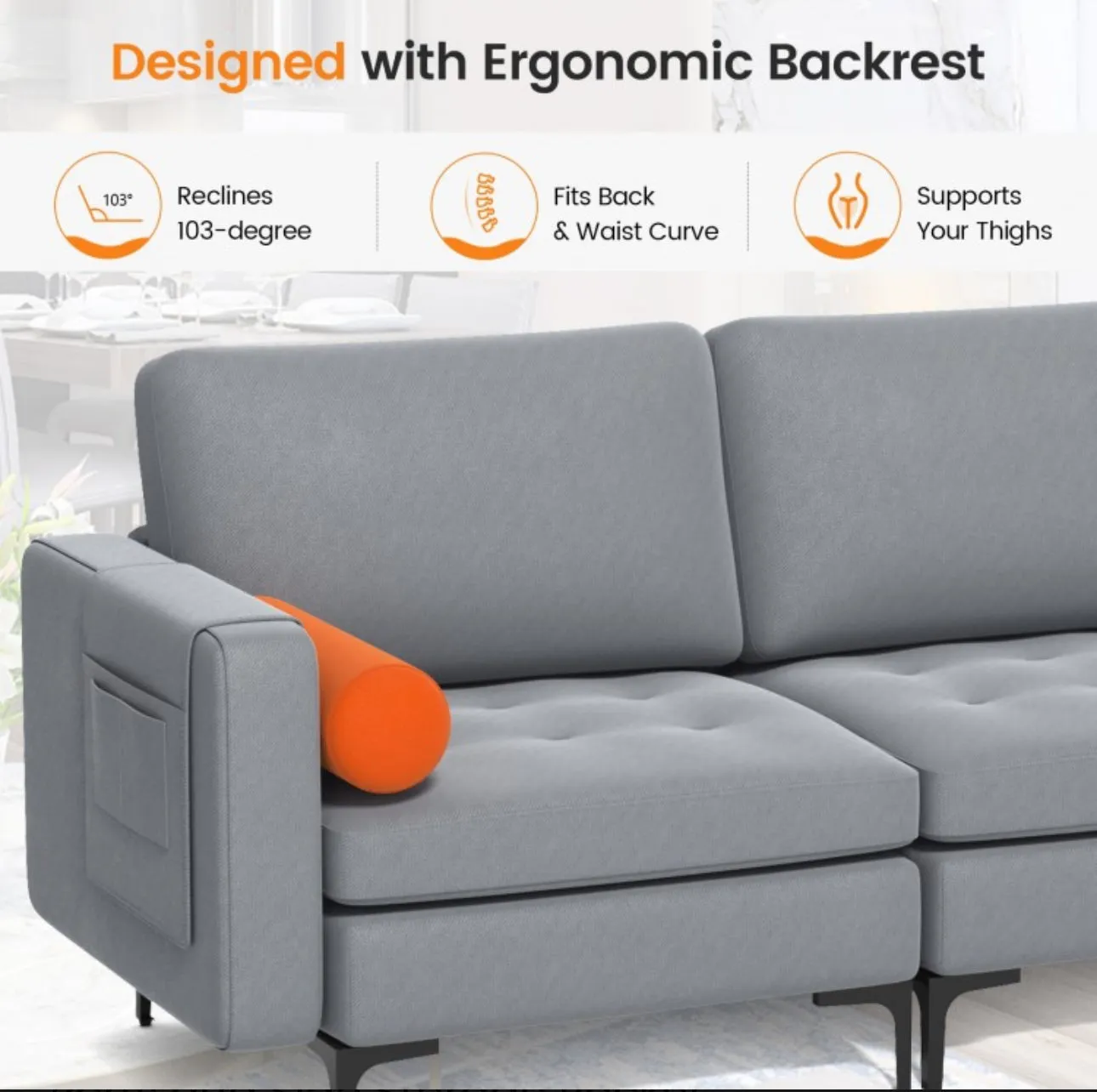 Heavy Duty Elegant & Modern Very Comfortable 3-Seater Sofa Couch With USB Socket Ports, Side Storage Pocket | Beautiful Armrest | Side Bolsters | Thick Cushions