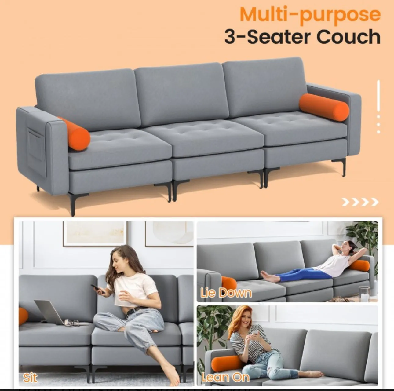 Heavy Duty Elegant & Modern Very Comfortable 3-Seater Sofa Couch With USB Socket Ports, Side Storage Pocket | Beautiful Armrest | Side Bolsters | Thick Cushions