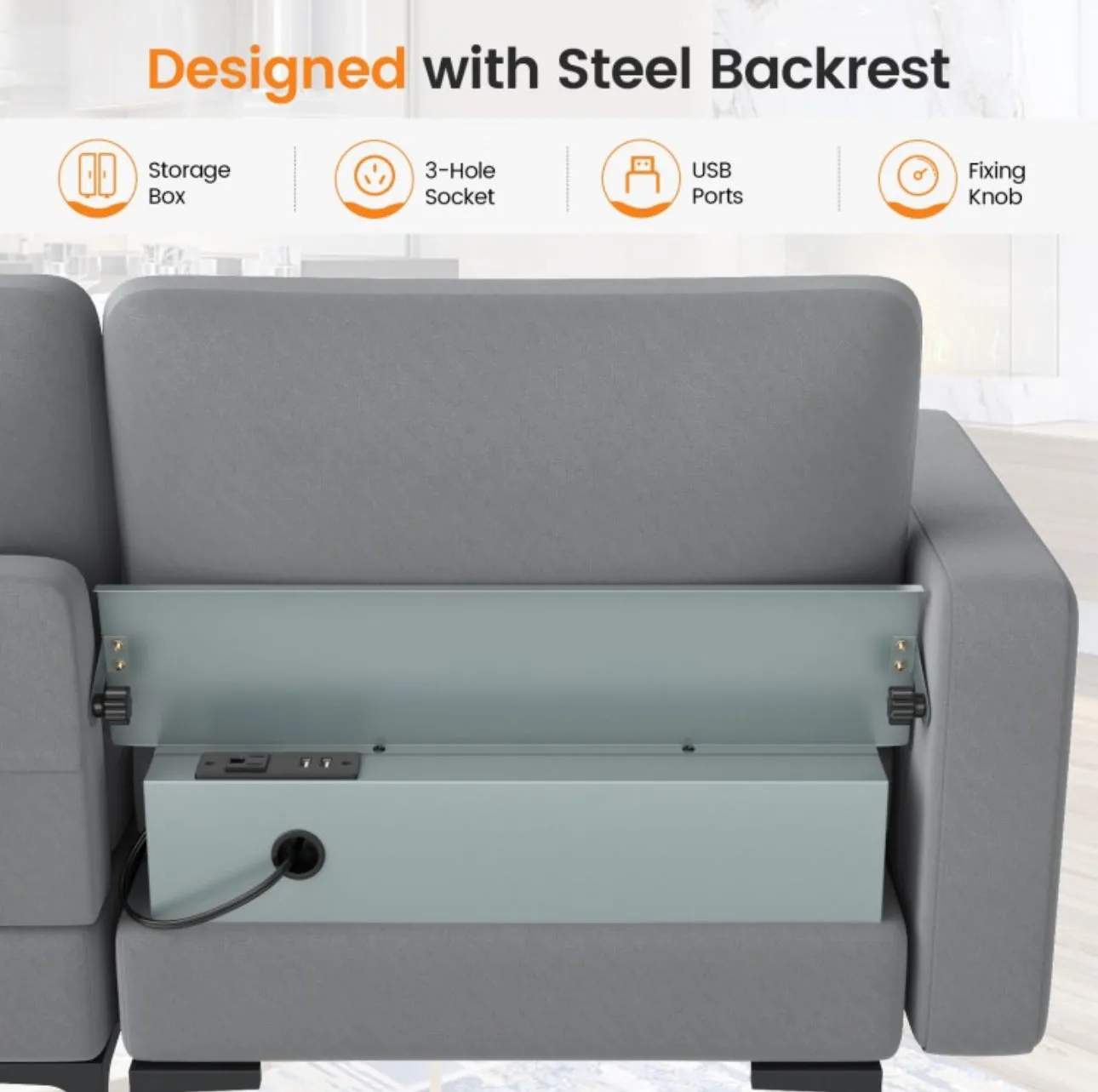 Heavy Duty Elegant & Modern Very Comfortable 3-Seater Sofa Couch With USB Socket Ports, Side Storage Pocket | Beautiful Armrest | Side Bolsters | Thick Cushions