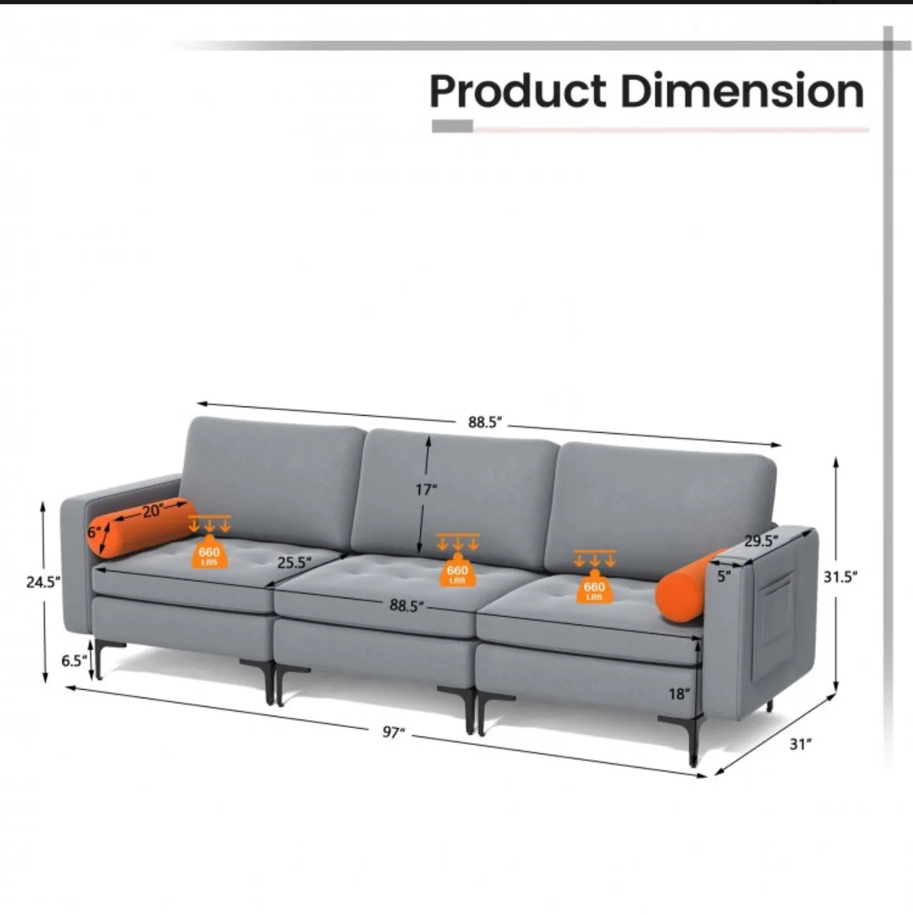 Heavy Duty Elegant & Modern Very Comfortable 3-Seater Sofa Couch With USB Socket Ports, Side Storage Pocket | Beautiful Armrest | Side Bolsters | Thick Cushions