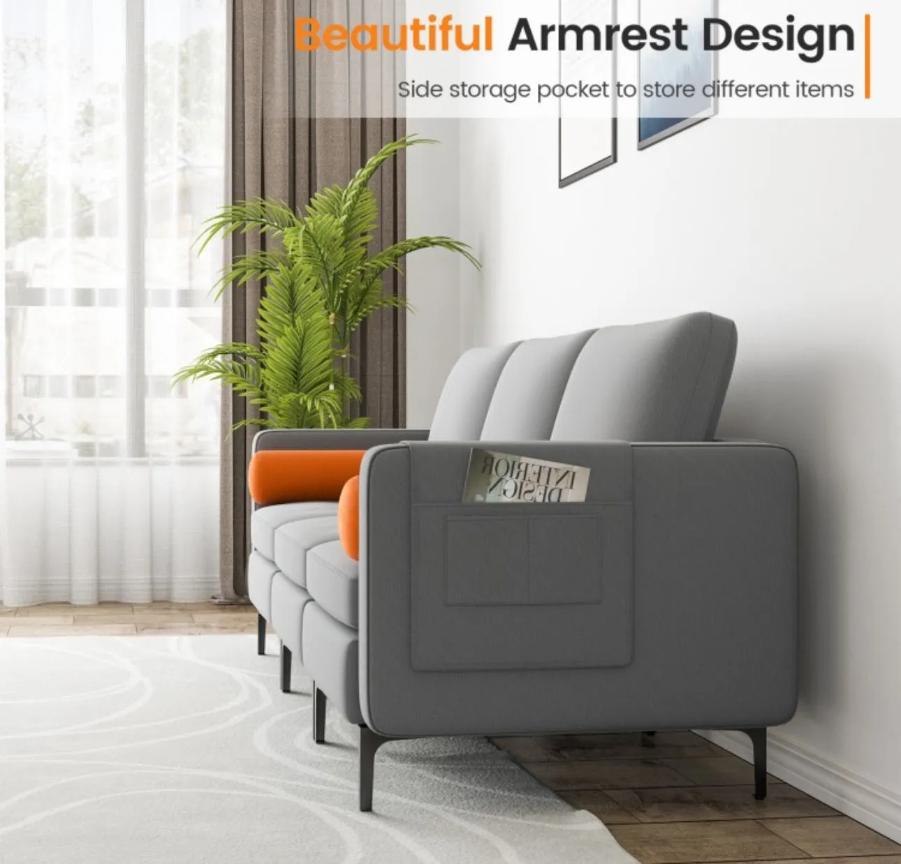 Heavy Duty Elegant & Modern Very Comfortable 3-Seater Sofa Couch With USB Socket Ports, Side Storage Pocket | Beautiful Armrest | Side Bolsters | Thick Cushions