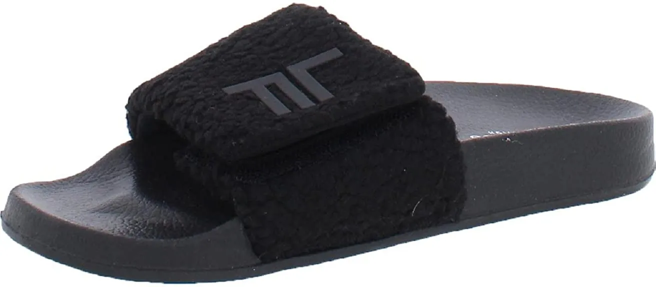 LONDON FOG Womens Scarlett Sherpa Spa Slide Sandals Open Toe House Indoor Outdoor Shoes Sandals black 6