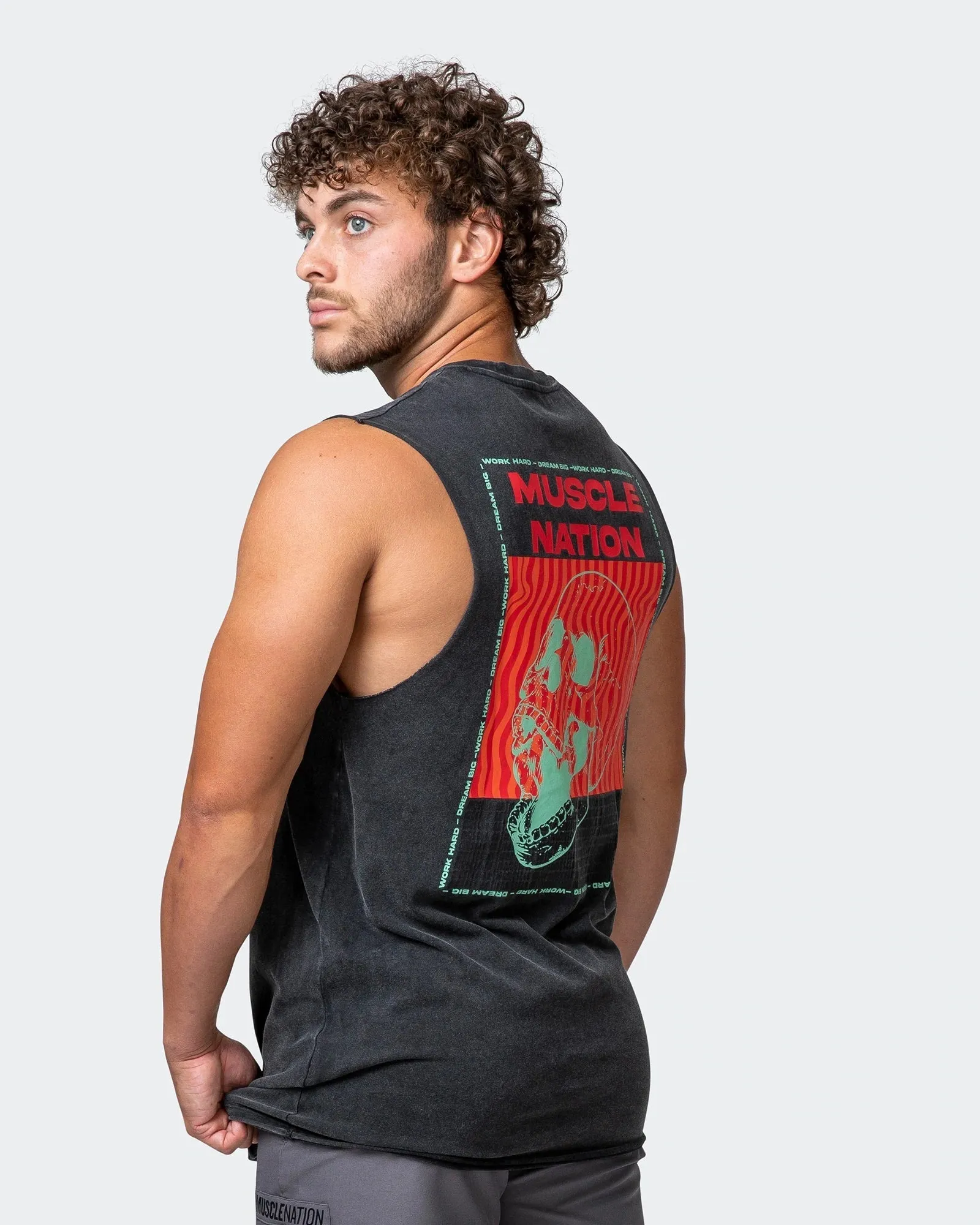Mens Skull Vintage Tank - Washed Black/Red