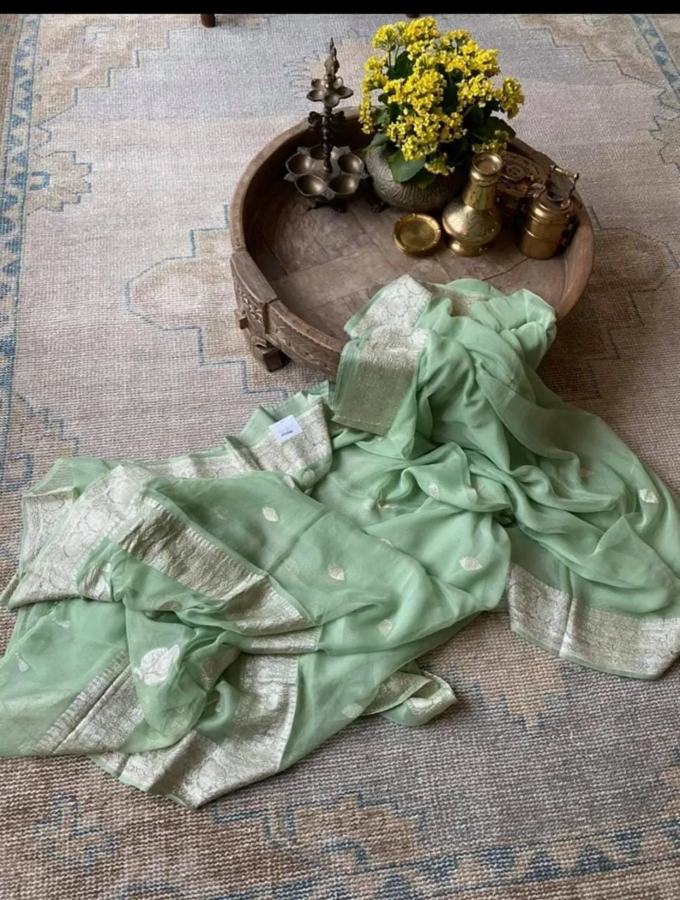 Mint Green Banarasi Khaddi Jaal Georgette Saree