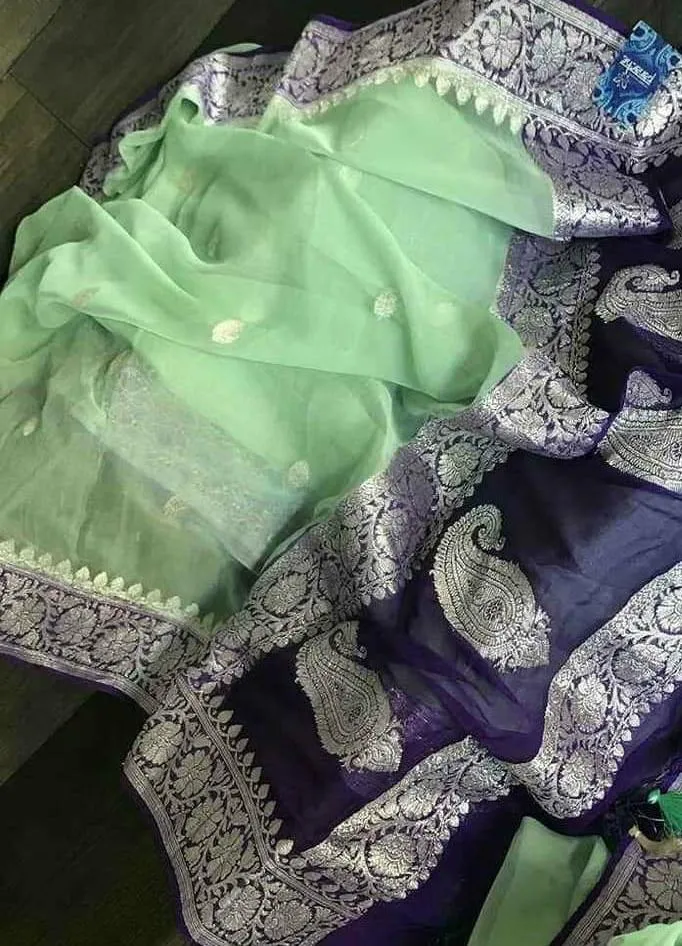 Mint Green Navy Blue Banarasi Georgette Jaal Saree