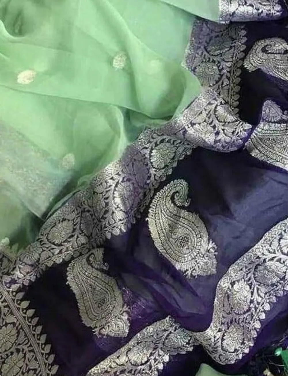 Mint Green Navy Blue Banarasi Georgette Jaal Saree
