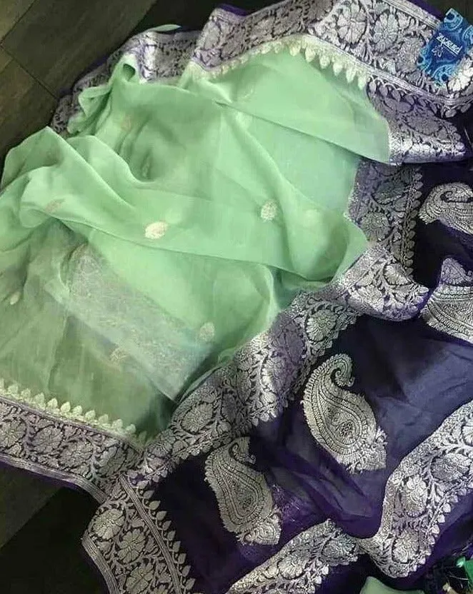 Mint Green Navy Blue Banarasi Georgette Jaal Saree