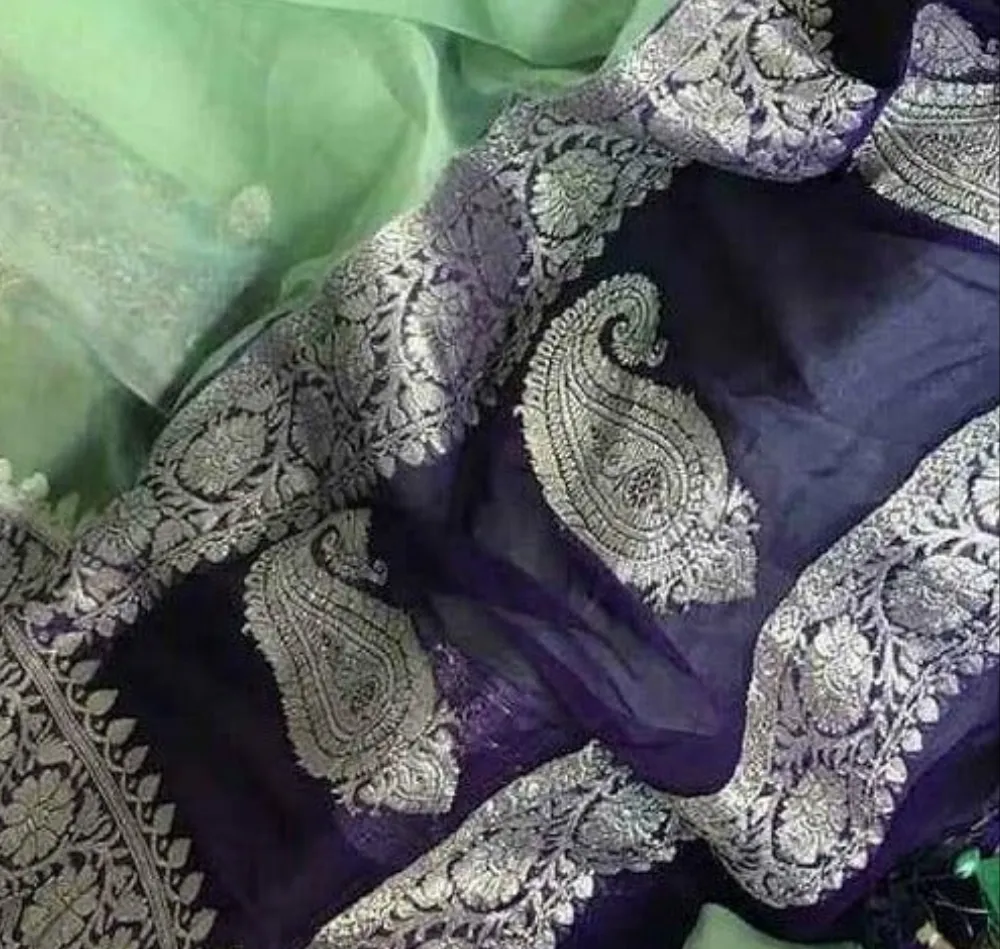 Mint Green Navy Blue Banarasi Georgette Jaal Saree