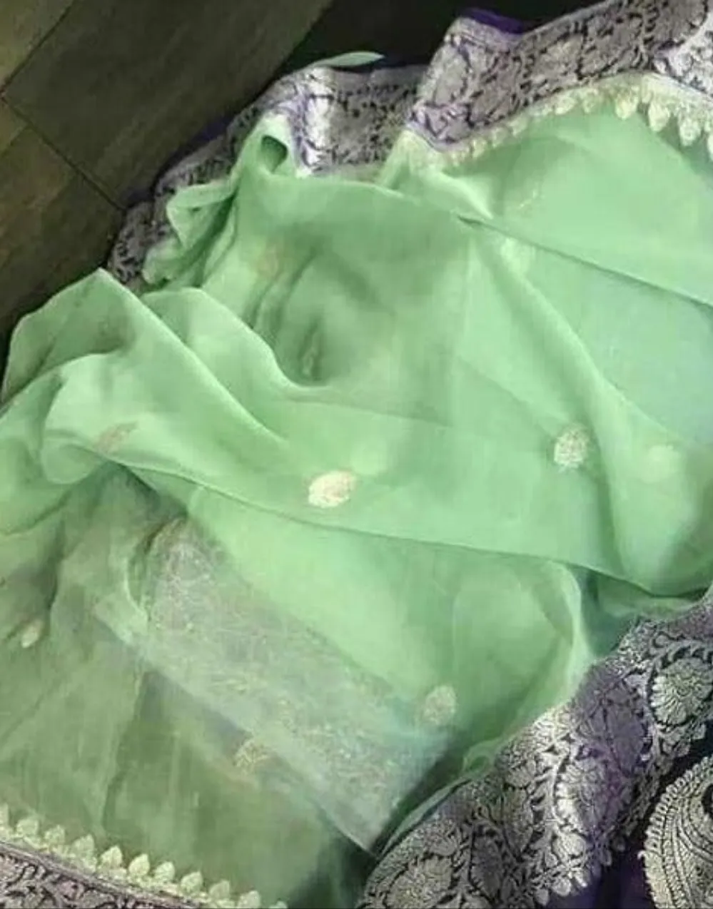 Mint Green Navy Blue Banarasi Georgette Jaal Saree