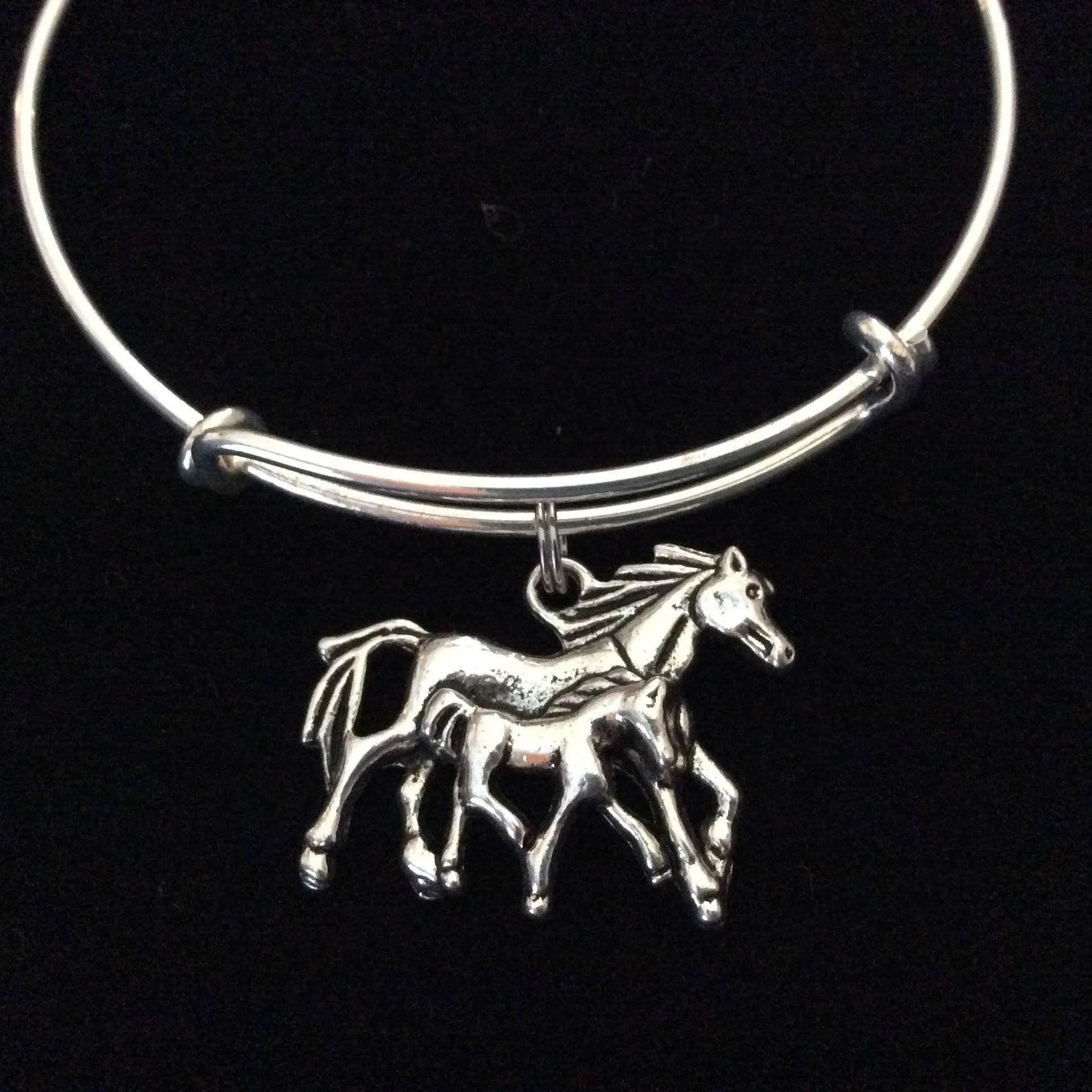 Mother and Baby Horse Charm Bracelet Expandable Adjustable Silver Wire Bangle Trendy Handmade Unique Fun Gift