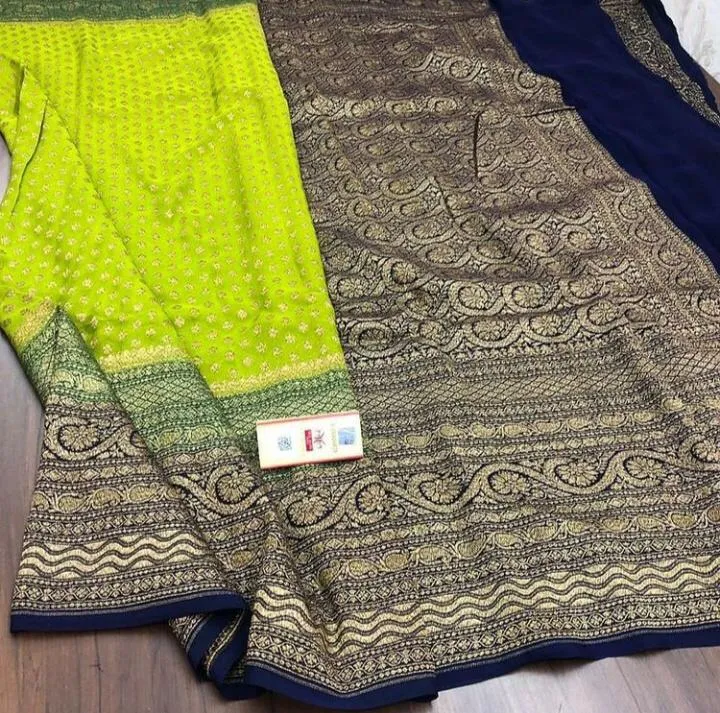 Parrot Green-Navy Blue Jaal Banarasi Georgette Saree