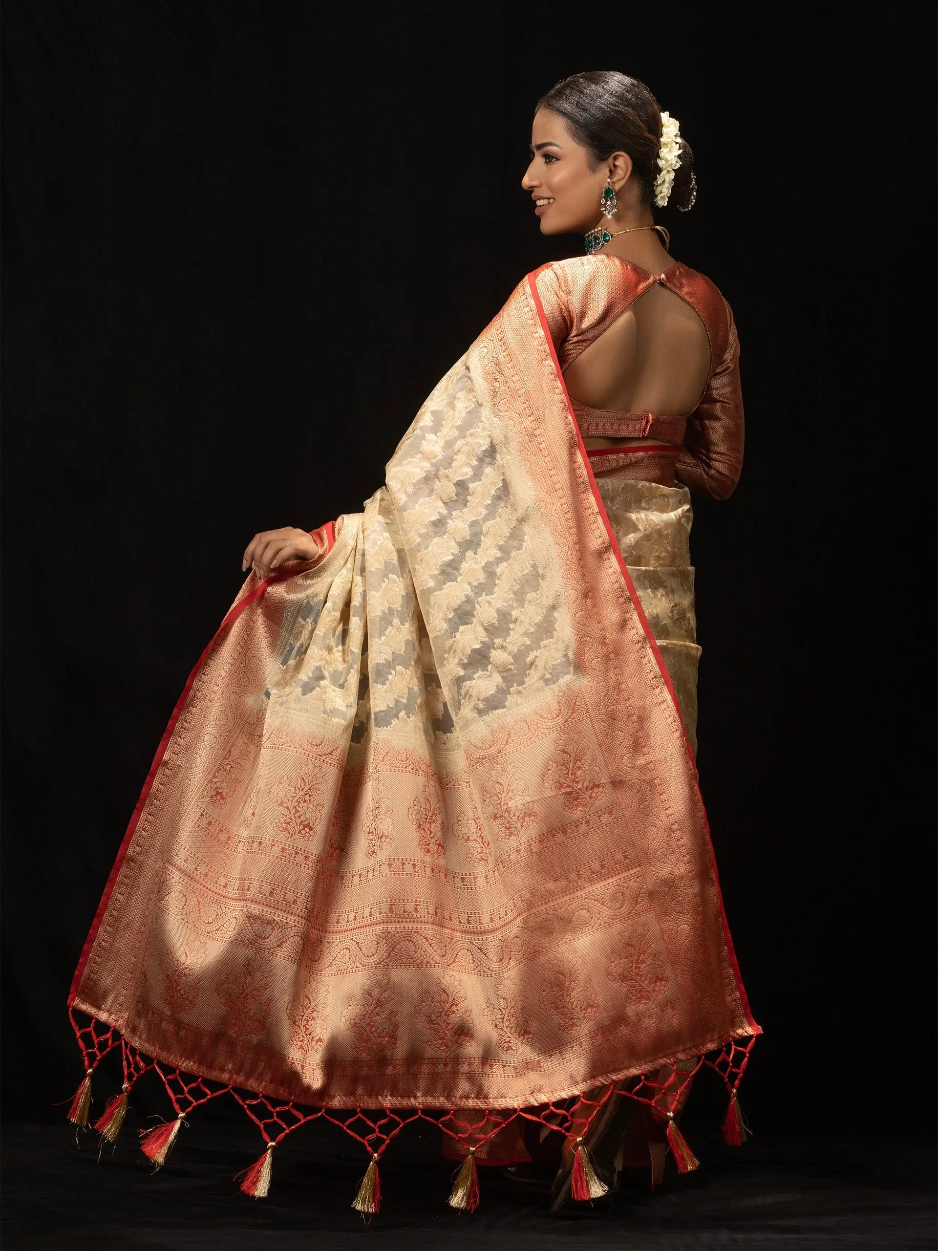 Red and Beige Organza Saree with blouse fabric