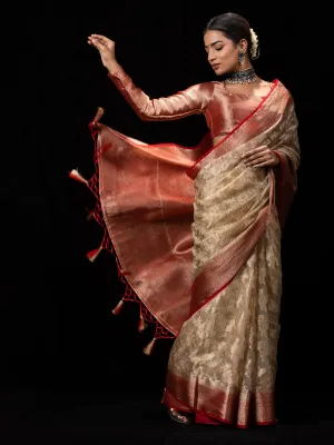 Red and Beige Organza Saree with blouse fabric