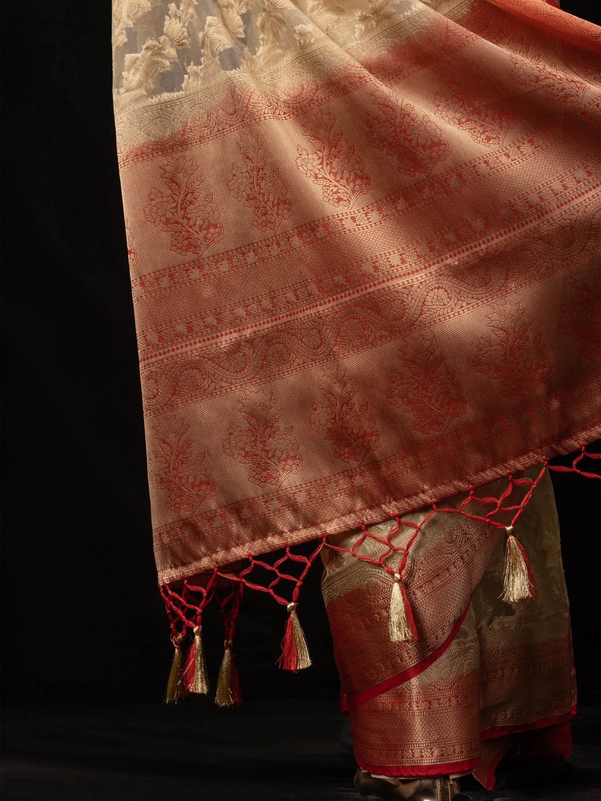 Red and Beige Organza Saree with blouse fabric