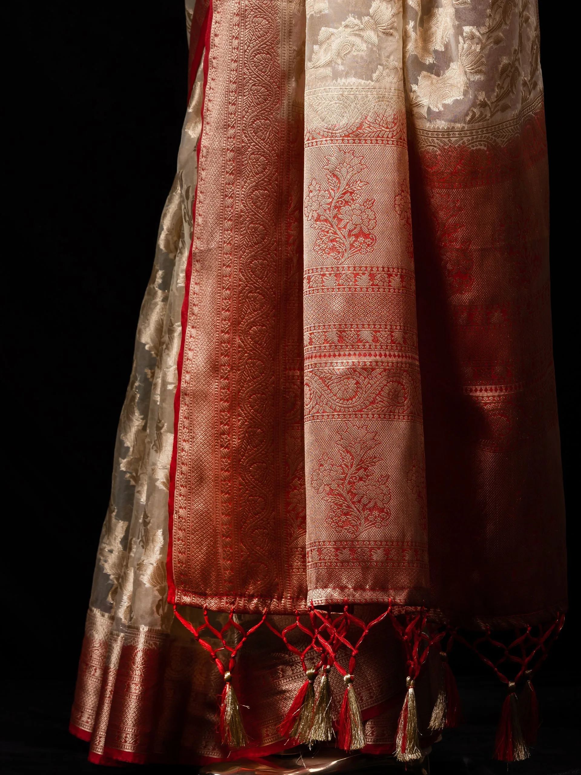 Red and Beige Organza Saree with blouse fabric