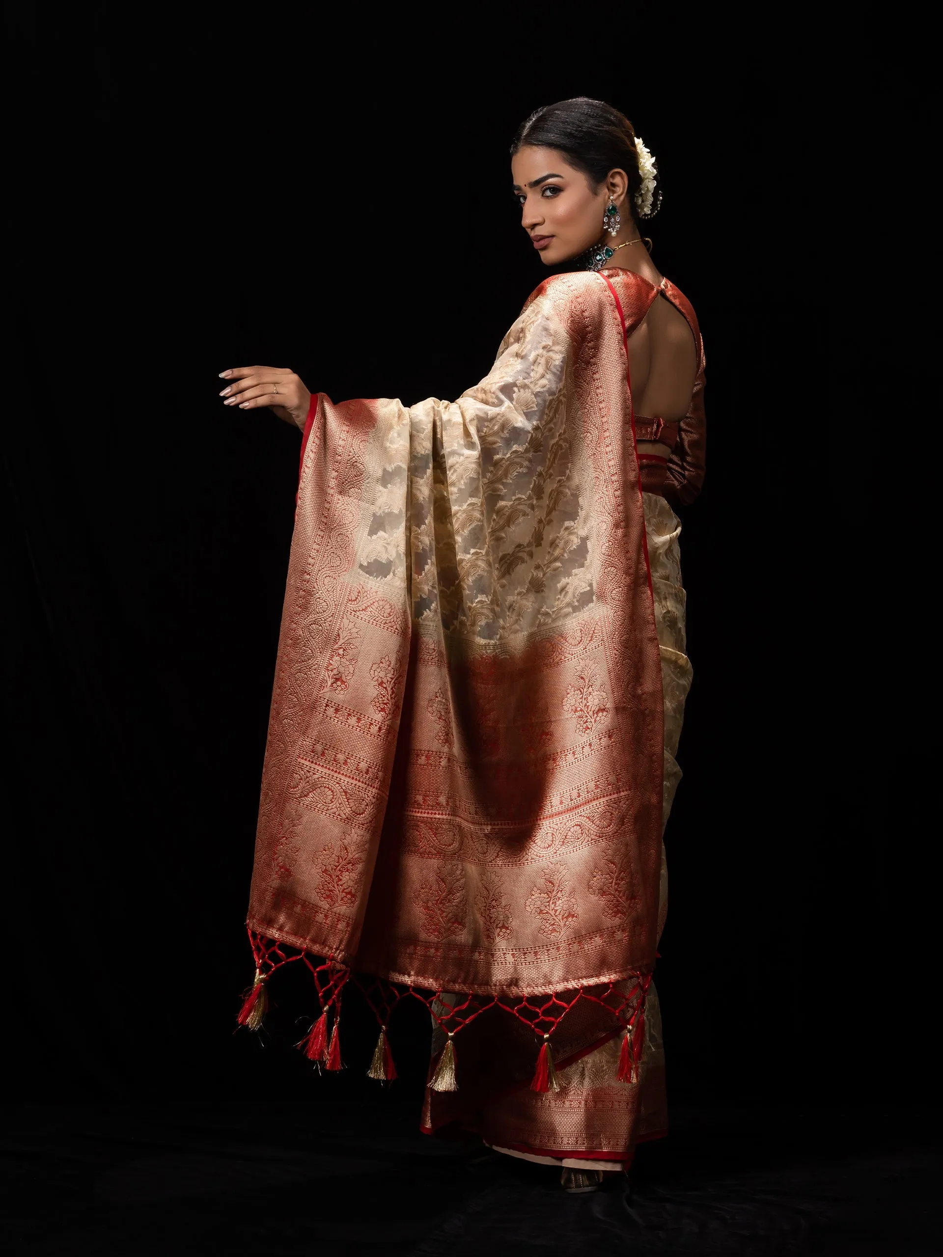 Red and Beige Organza Saree with blouse fabric
