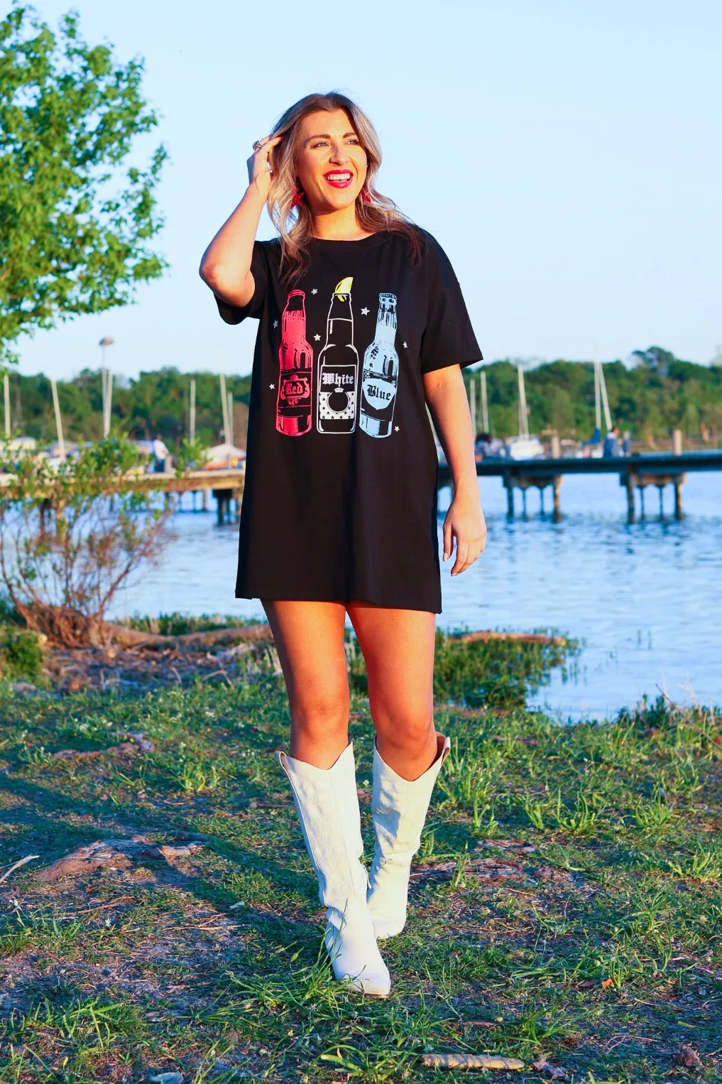 Red ,White, Blue on Black T-Shirt Dress