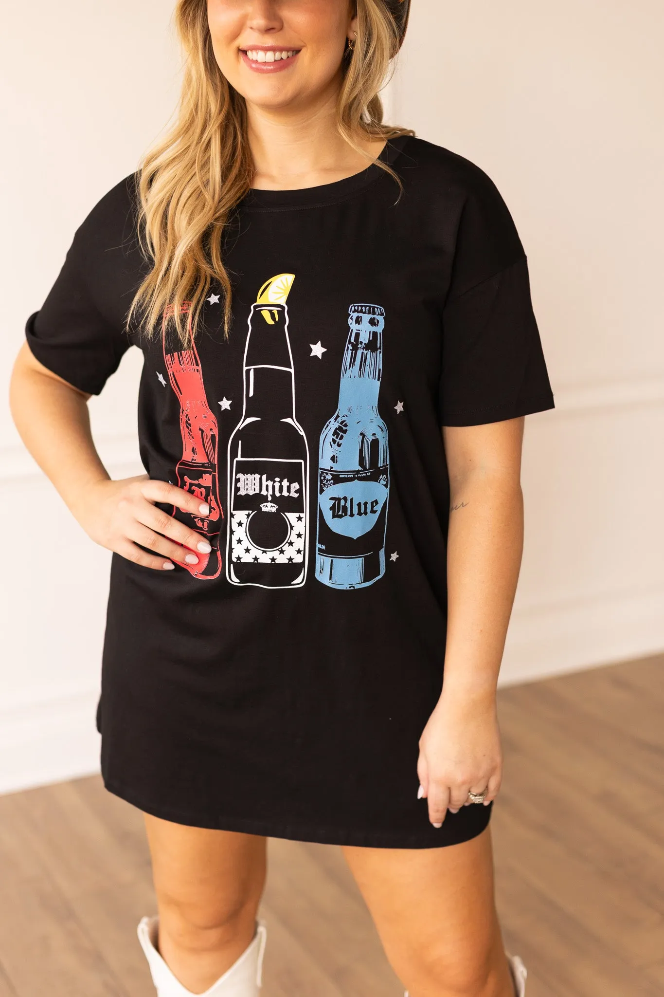 Red ,White, Blue on Black T-Shirt Dress