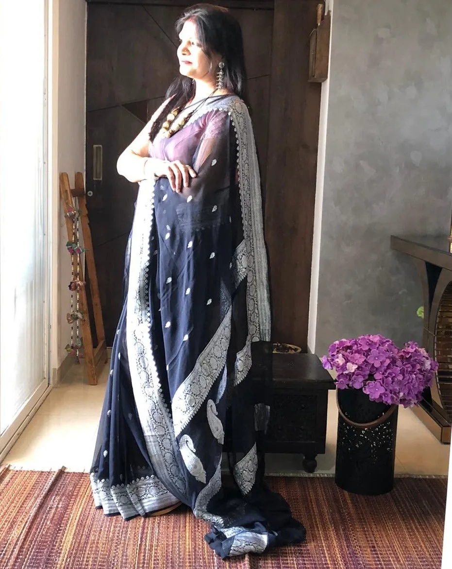 Royal Black Khaddi Banarasi Jaal Chiffon Saree