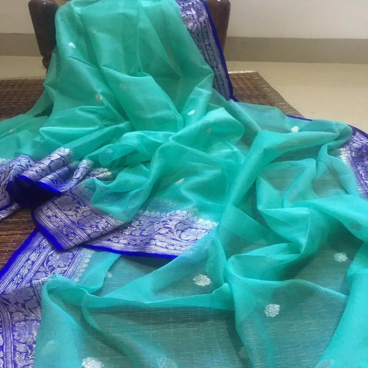 Sea Blue-Green Buti Jaal Banarasi Georgette Saree