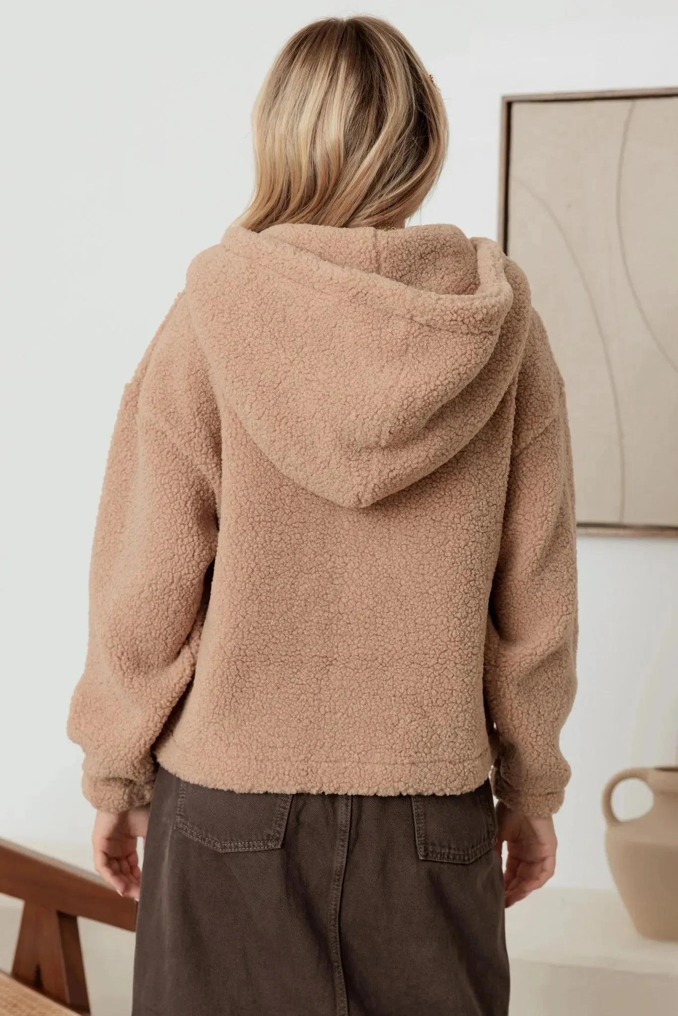 Sherpa Button-Up Two Pocket Hooded Pullover Jacket