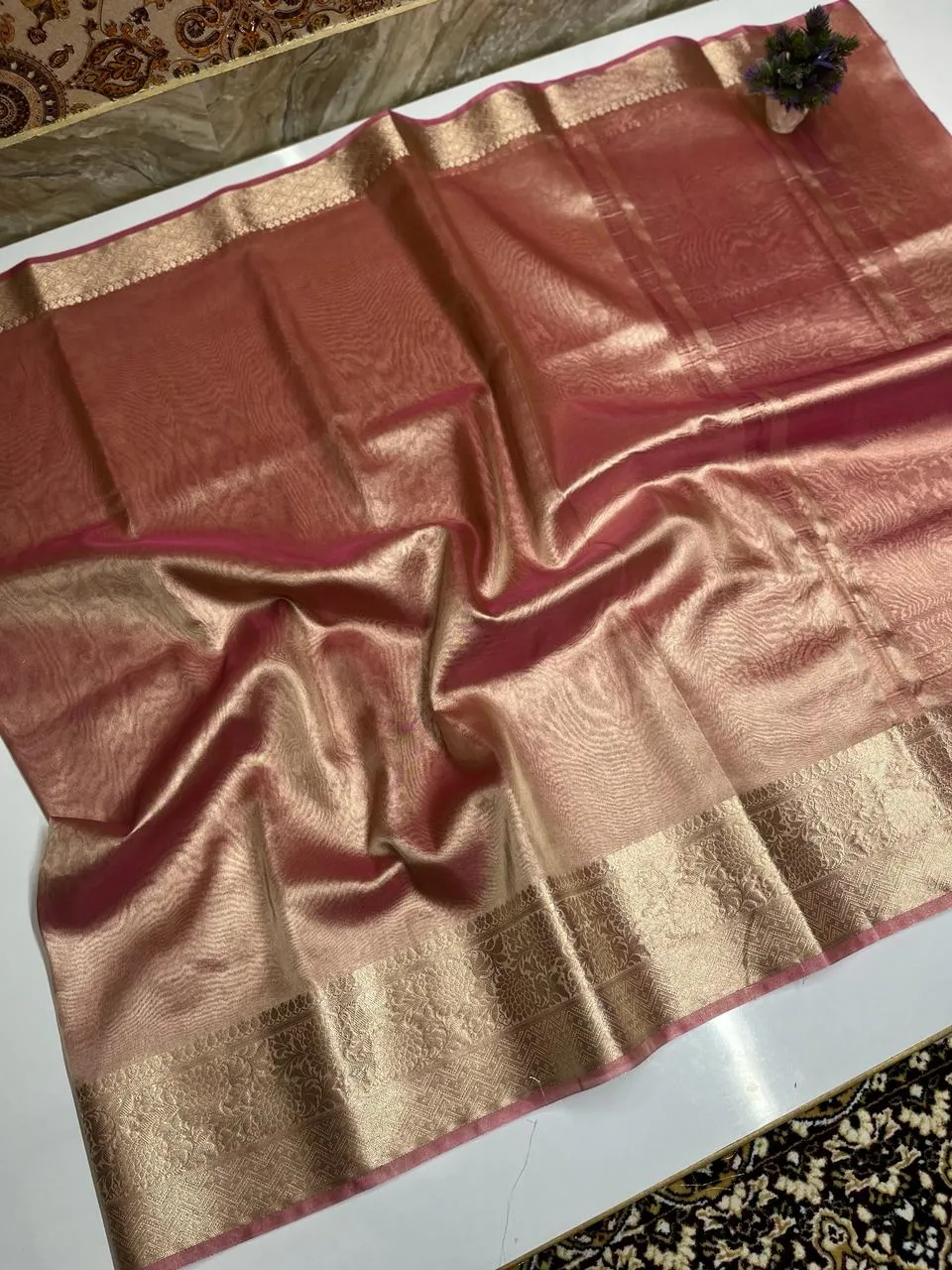 Shimmer Rose Gold Banarasi Soft Tissue Saree