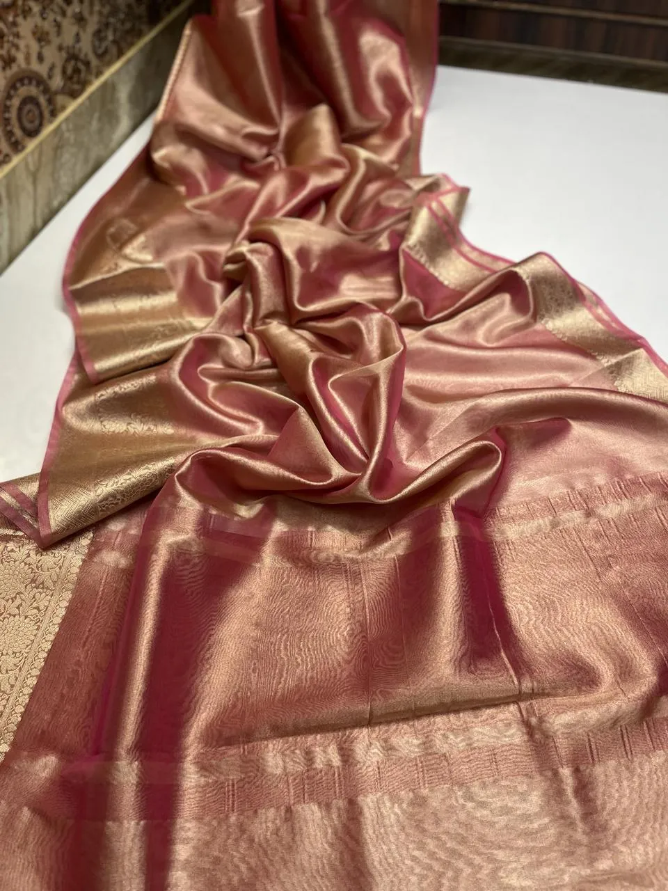 Shimmer Rose Gold Banarasi Soft Tissue Saree