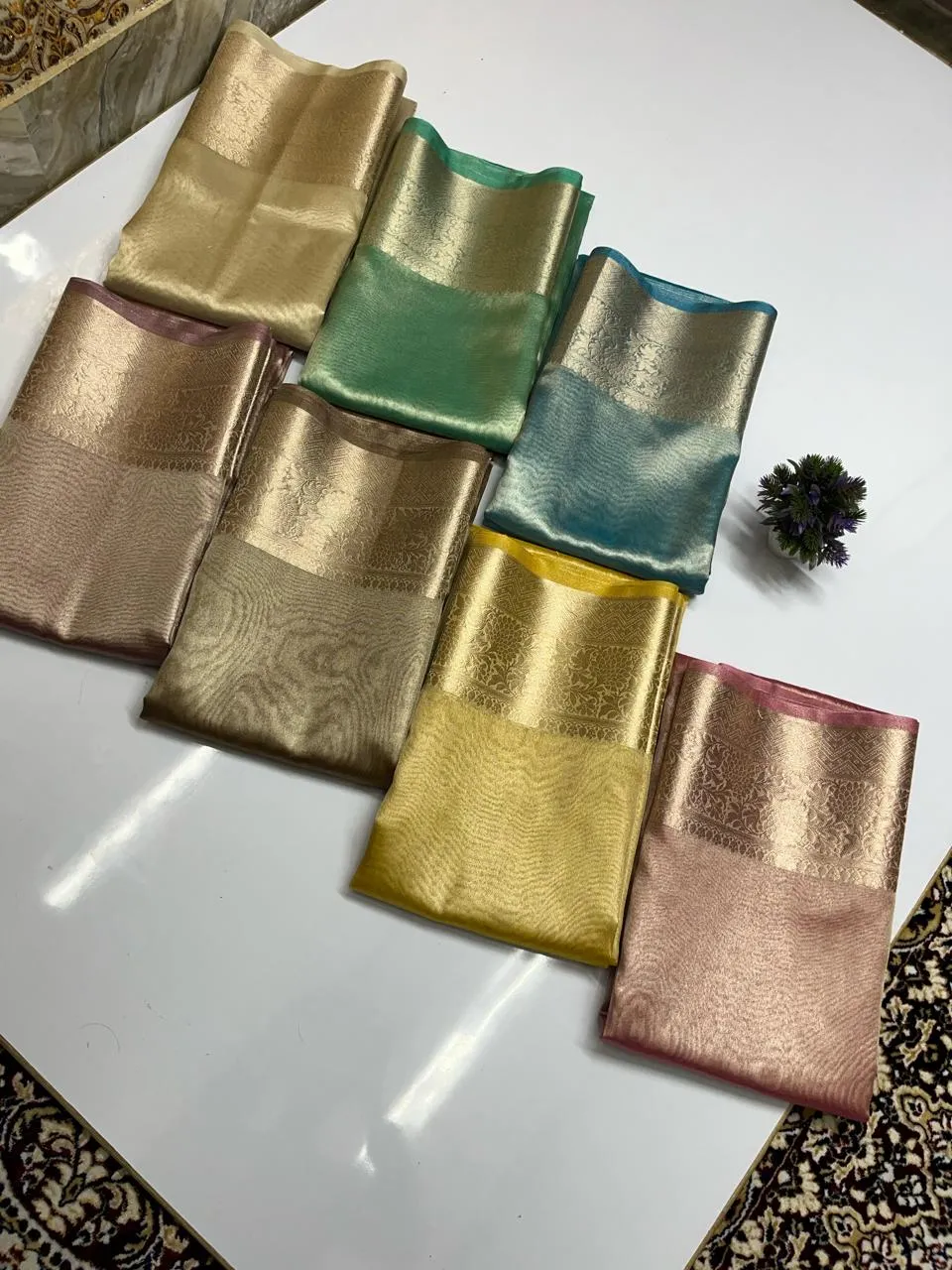Shimmer Rose Gold Banarasi Soft Tissue Saree