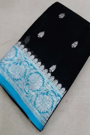 Sky Blue-Black Buti Banarasi Khaddi Georgette Saree