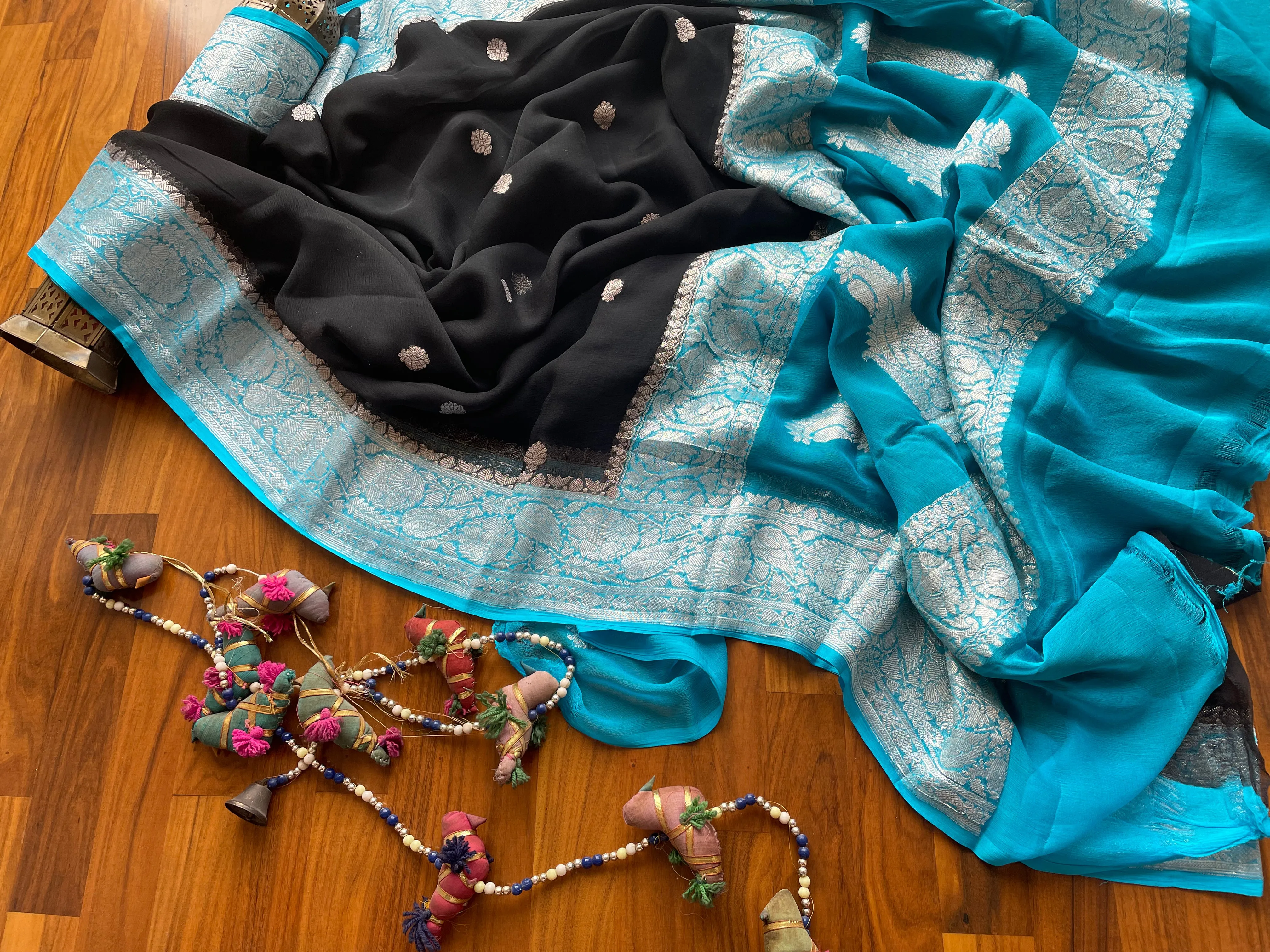 Sky Blue-Black Buti Banarasi Khaddi Georgette Saree