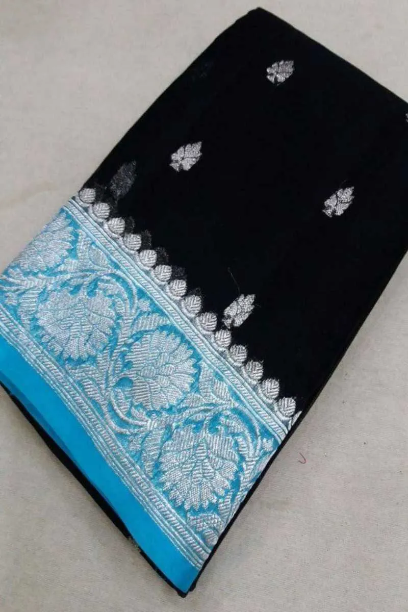Sky Blue-Black Buti Banarasi Khaddi Georgette Saree