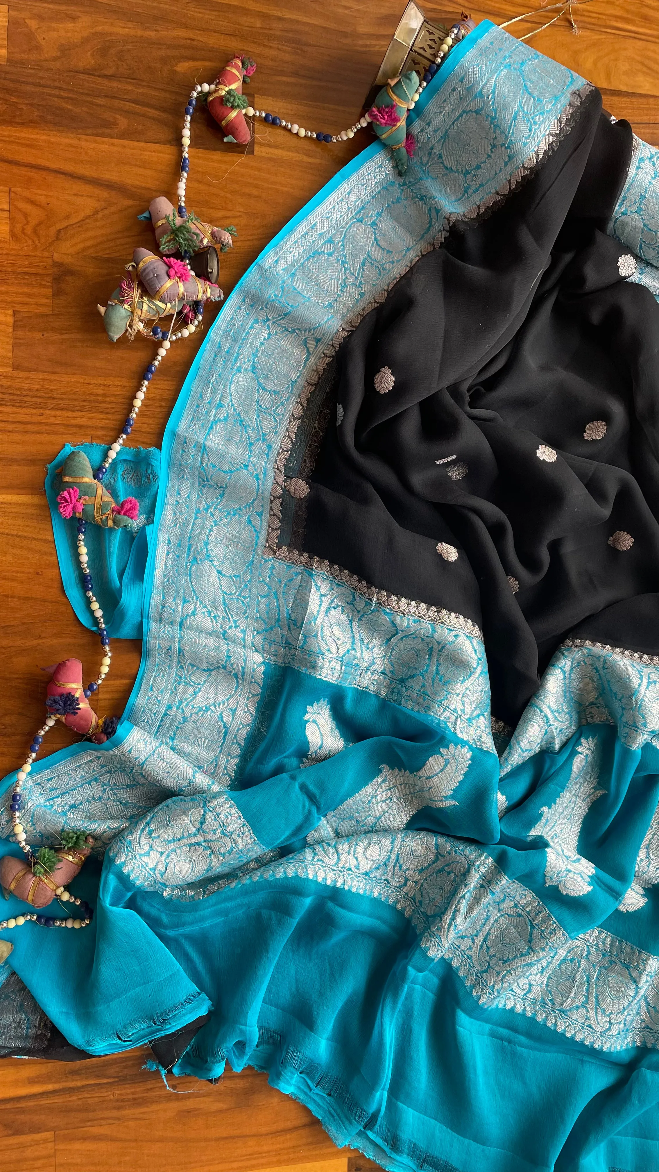 Sky Blue-Black Buti Banarasi Khaddi Georgette Saree