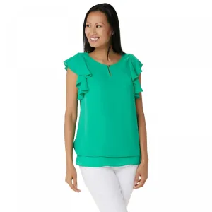 Susan Graver Women's Woven Top with Layered Ruffle Sleeves And Keyhole