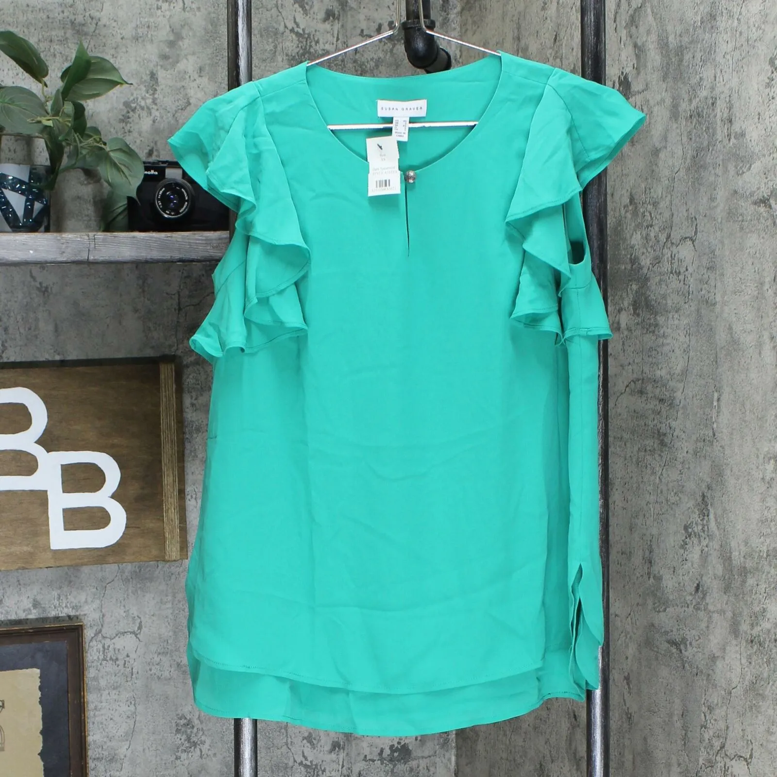 Susan Graver Women's Woven Top with Layered Ruffle Sleeves And Keyhole