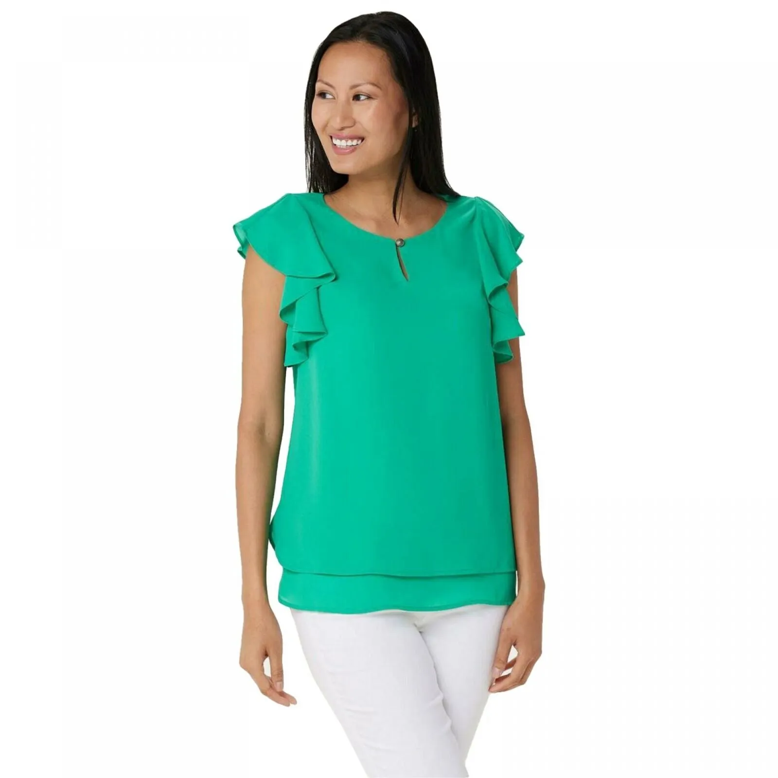 Susan Graver Women's Woven Top with Layered Ruffle Sleeves And Keyhole
