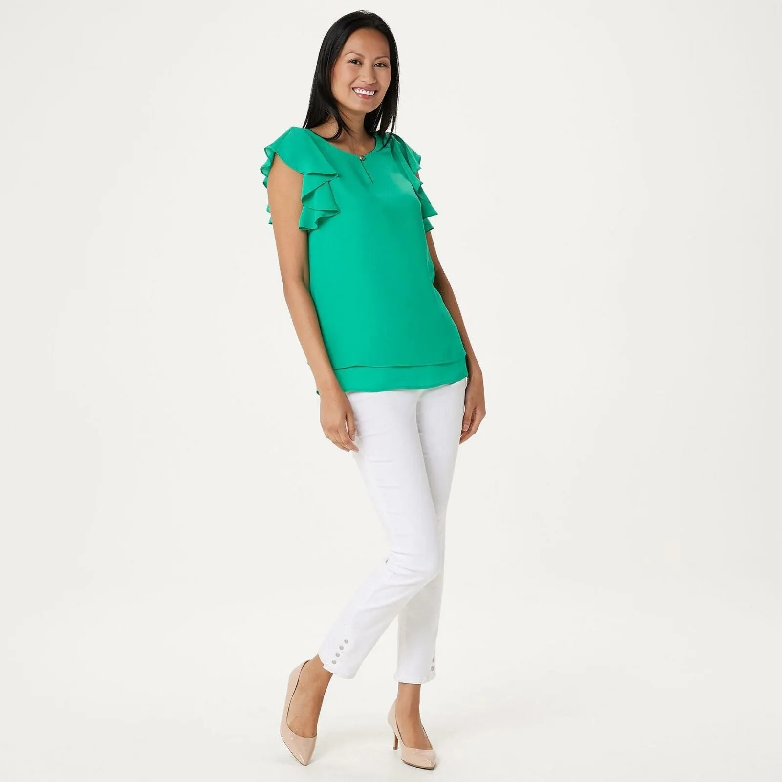 Susan Graver Women's Woven Top with Layered Ruffle Sleeves And Keyhole