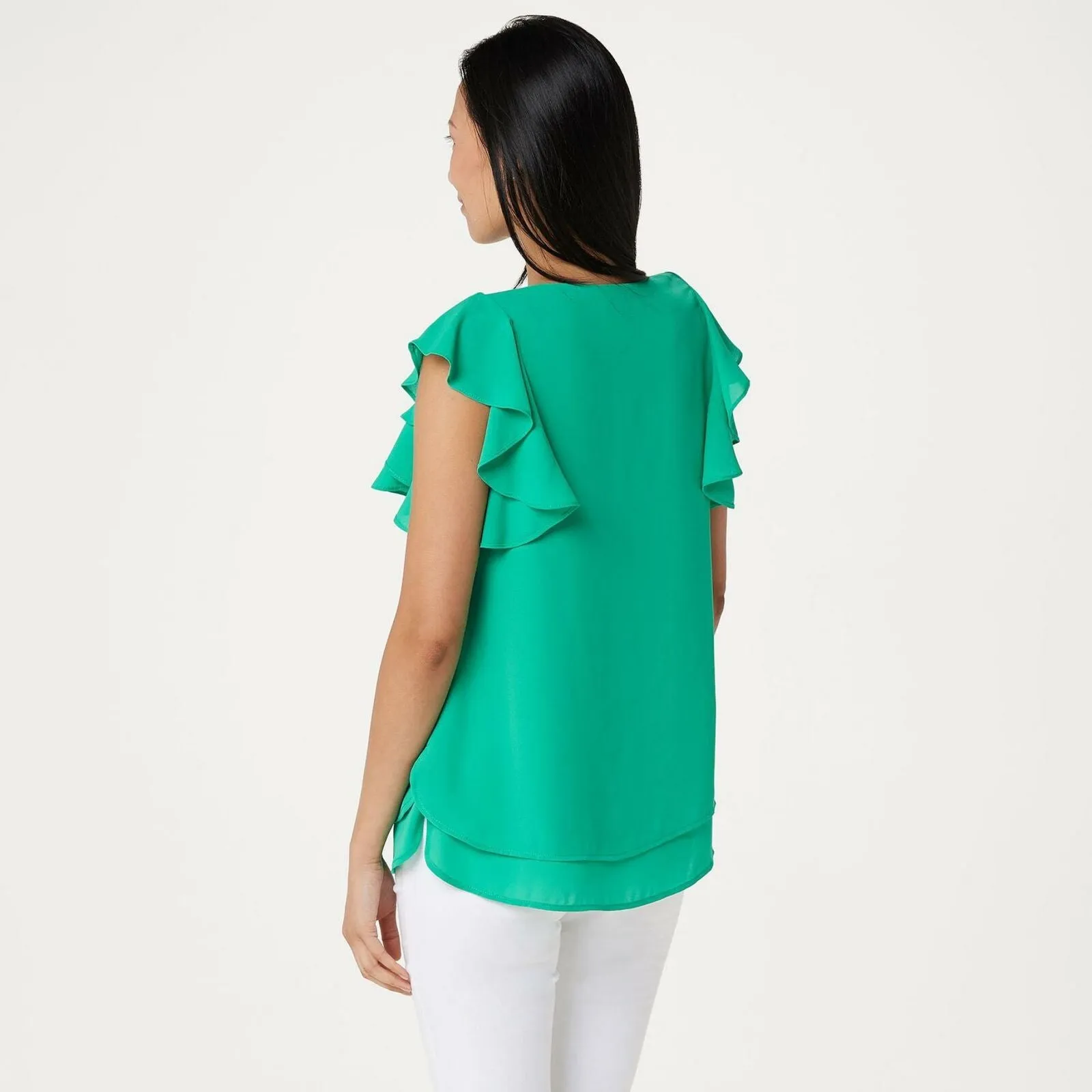 Susan Graver Women's Woven Top with Layered Ruffle Sleeves And Keyhole