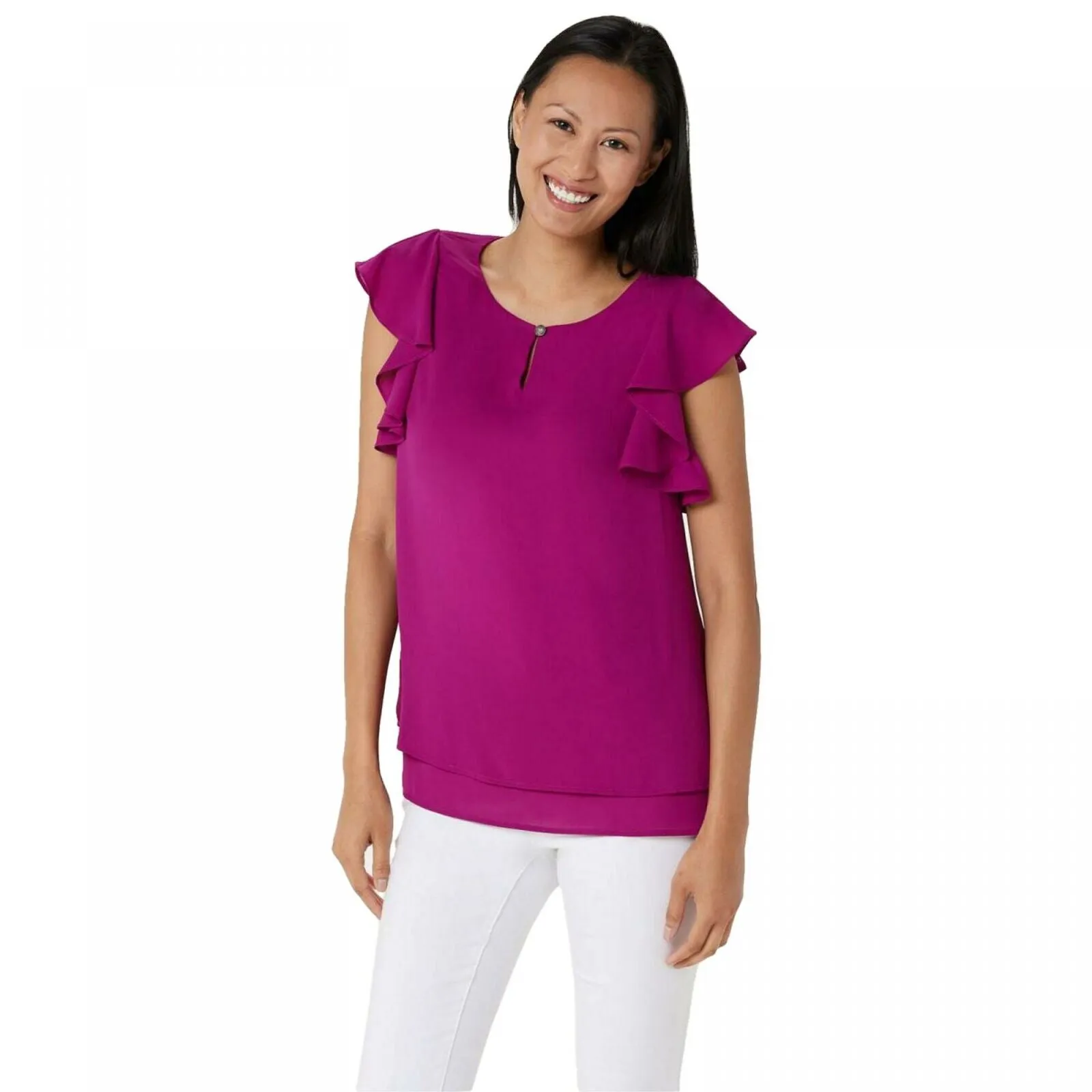 Susan Graver Women's Woven Top with Layered Ruffle Sleeves And Keyhole
