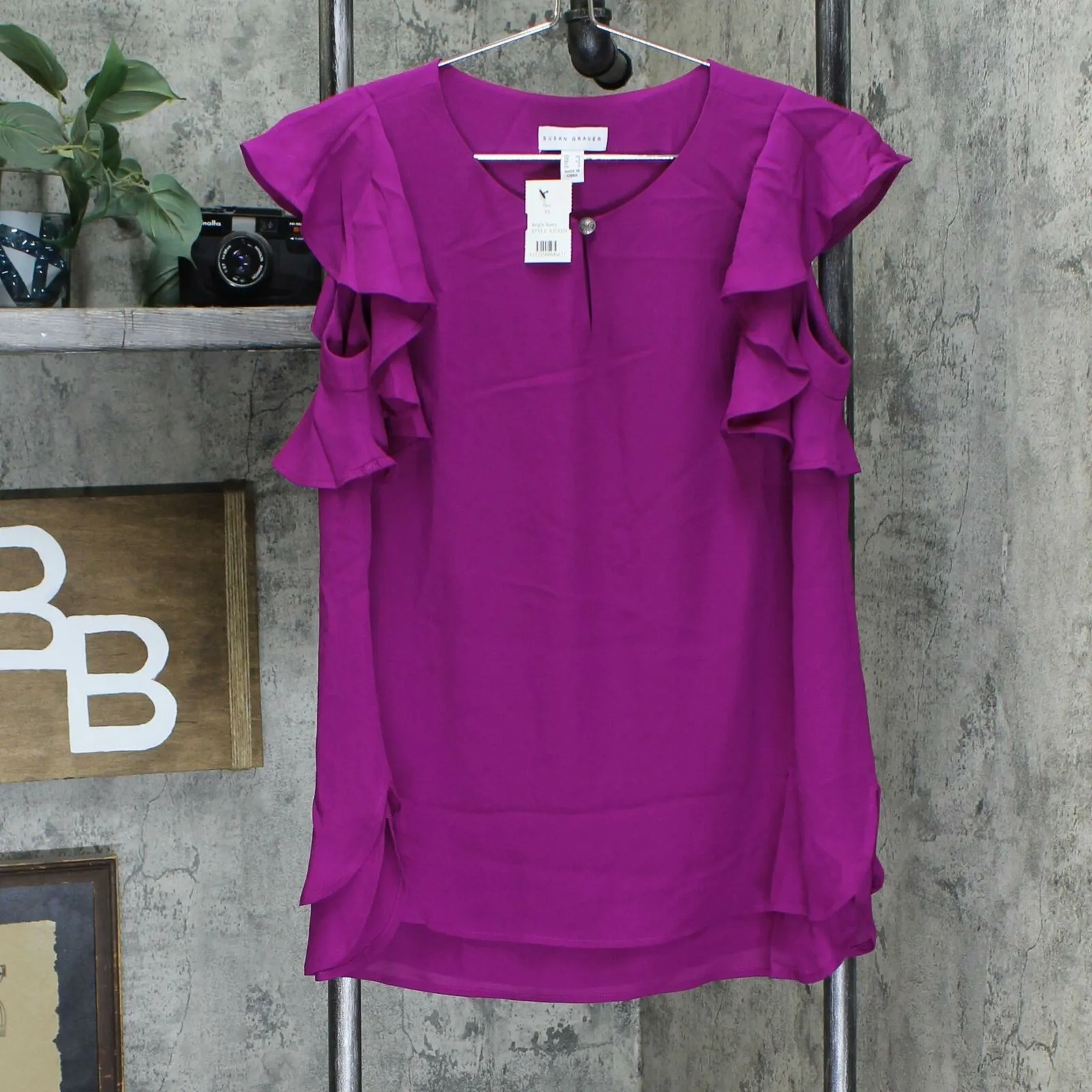 Susan Graver Women's Woven Top with Layered Ruffle Sleeves And Keyhole