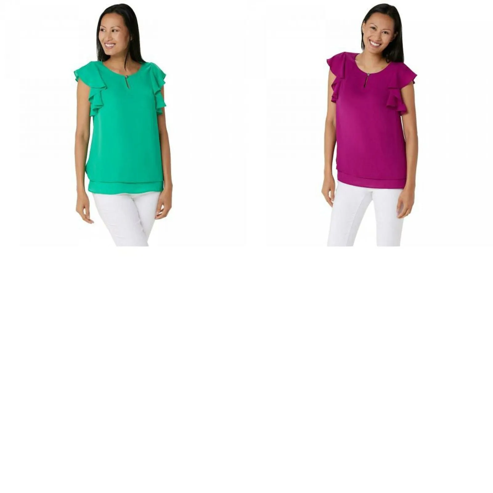 Susan Graver Women's Woven Top with Layered Ruffle Sleeves And Keyhole