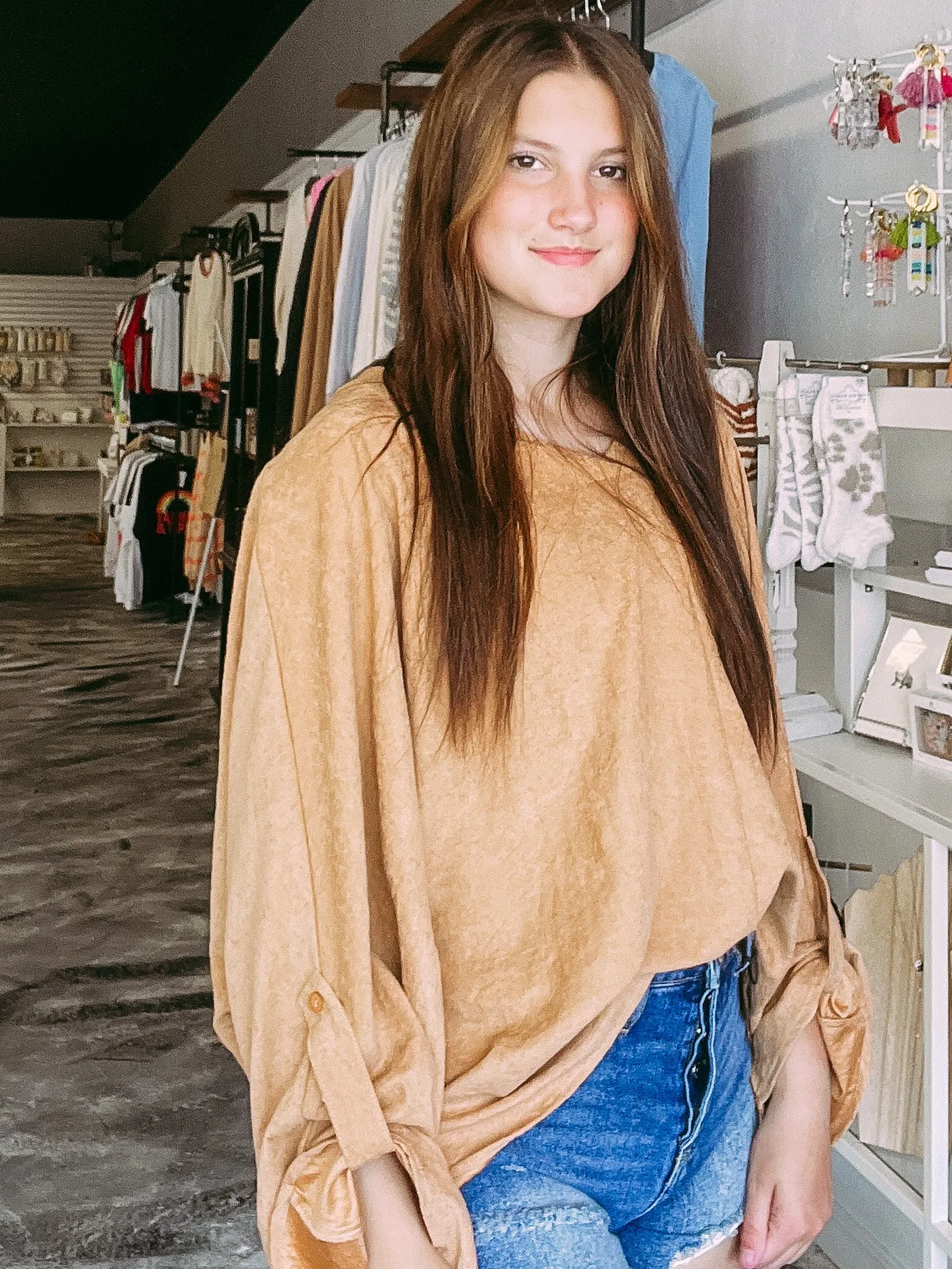 THE HUDSON SUEDE OVERSIZED TAN TOP