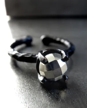 Tiny Warm Silver Pyrite Gemstone Black Ring